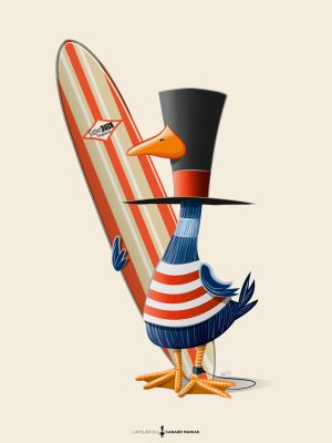 Affiche illustration fun et colorée d'un canard en short de bain sur une planche de surf au milieu d'une vague, style surf art par L'Atelier du Canard Maniak.