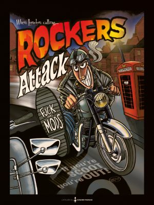 Affiche illustration vintage moto et rock n roll Rockers attack style rétro britannique par L'Atelier du Canard Maniak.
