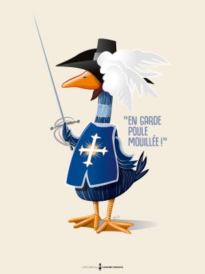 Affiche humoristique Canard Mousquetaire style vintage, illustration déco inspirée de la Gascogne et du Gers par L'Atelier du Canard Maniak.