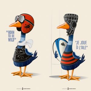 Deux affiches humour de notre canard mascotte canard maniak en situation motard et rugbyman