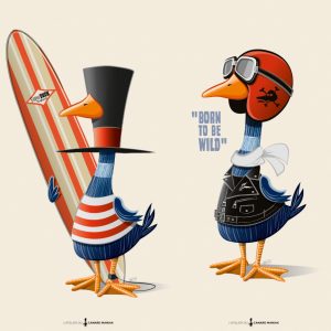 Deux affiches humour canard maniak en situation surfeur plage et motard