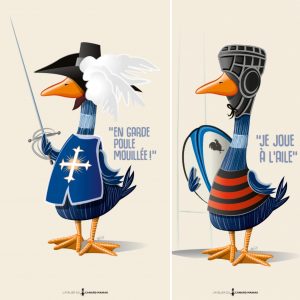 Deux affiches humour canard maniak en situation sud-ouest mousquetaire et rugby